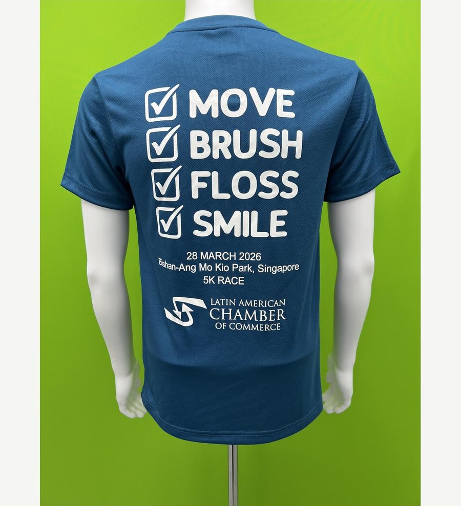 Blue charity run t-shirt for a chamber of commerce event, screen printed