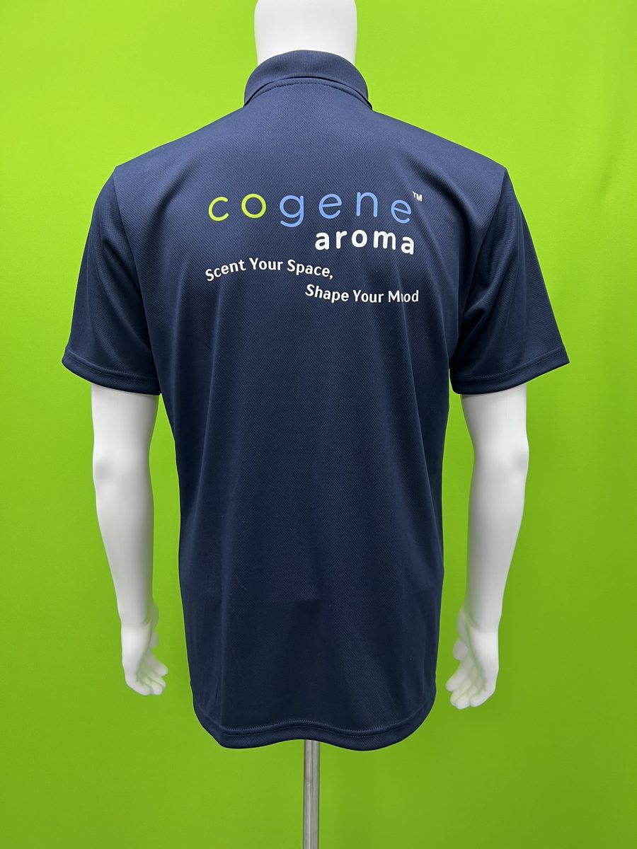 Navy polo with printed brand tagline across the back