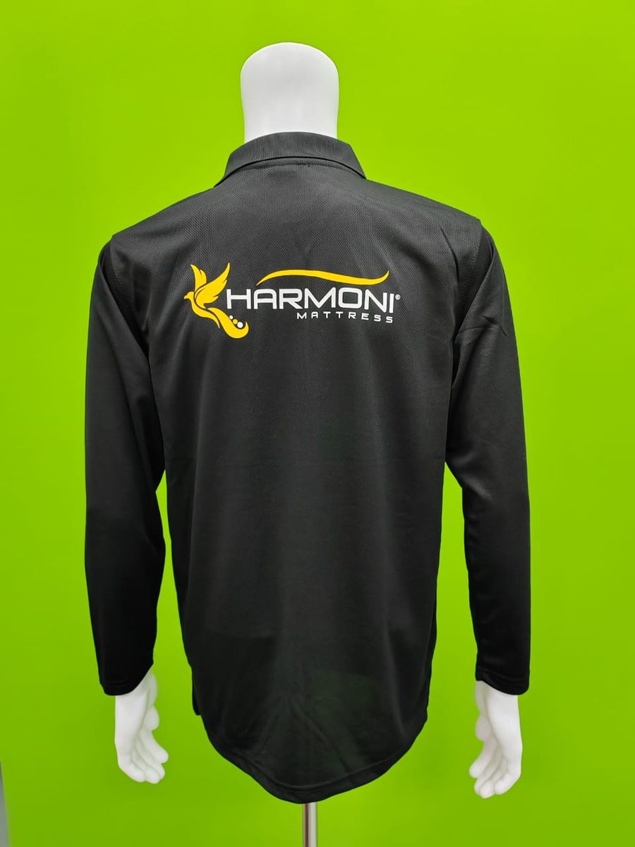 Black long sleeve polo with printed brand logo on the back
