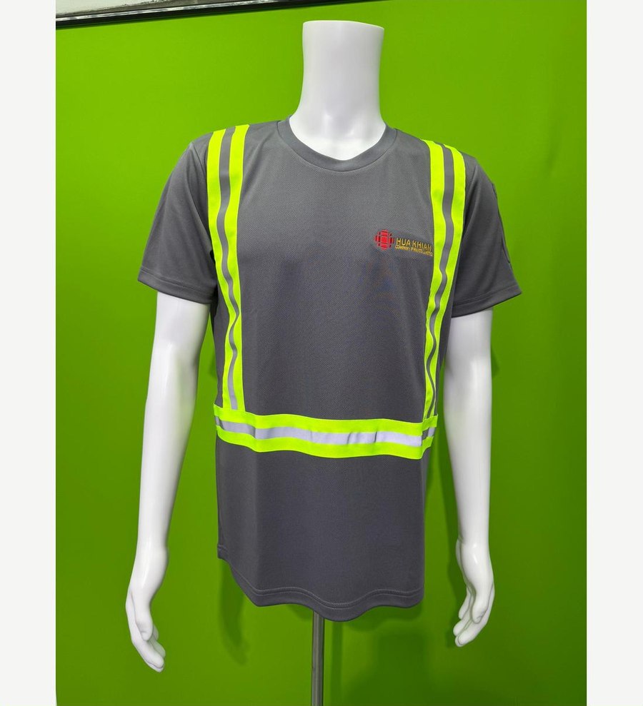 Grey industrial safety uniform with reflective strips and embroidered logo