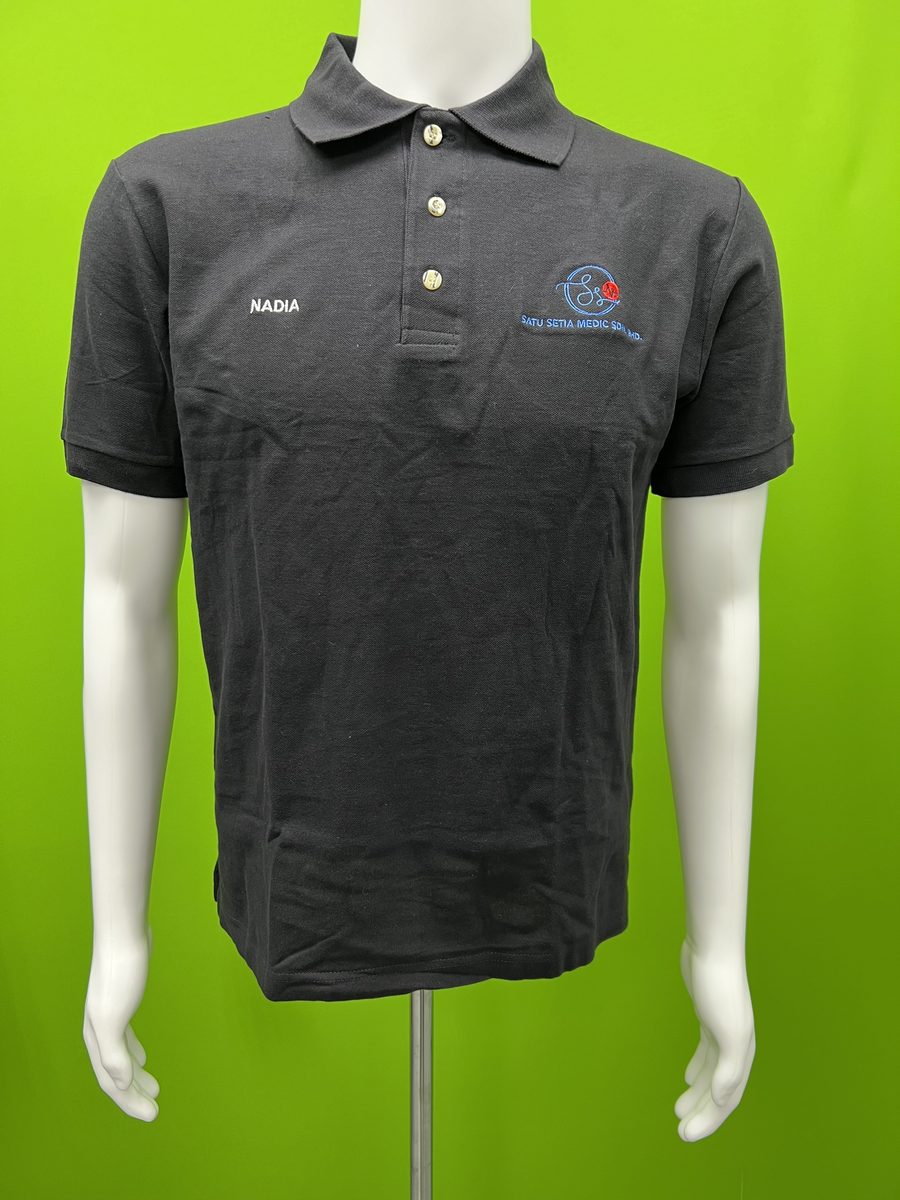 Black polo with embroidered name and medical services company logo on chest