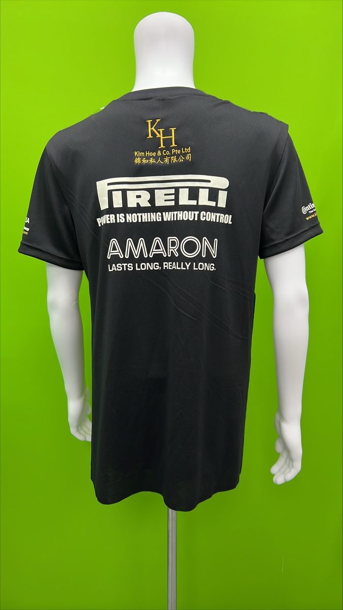 Black motorsport sponsor t-shirt with multiple sponsor logos printed on the back
