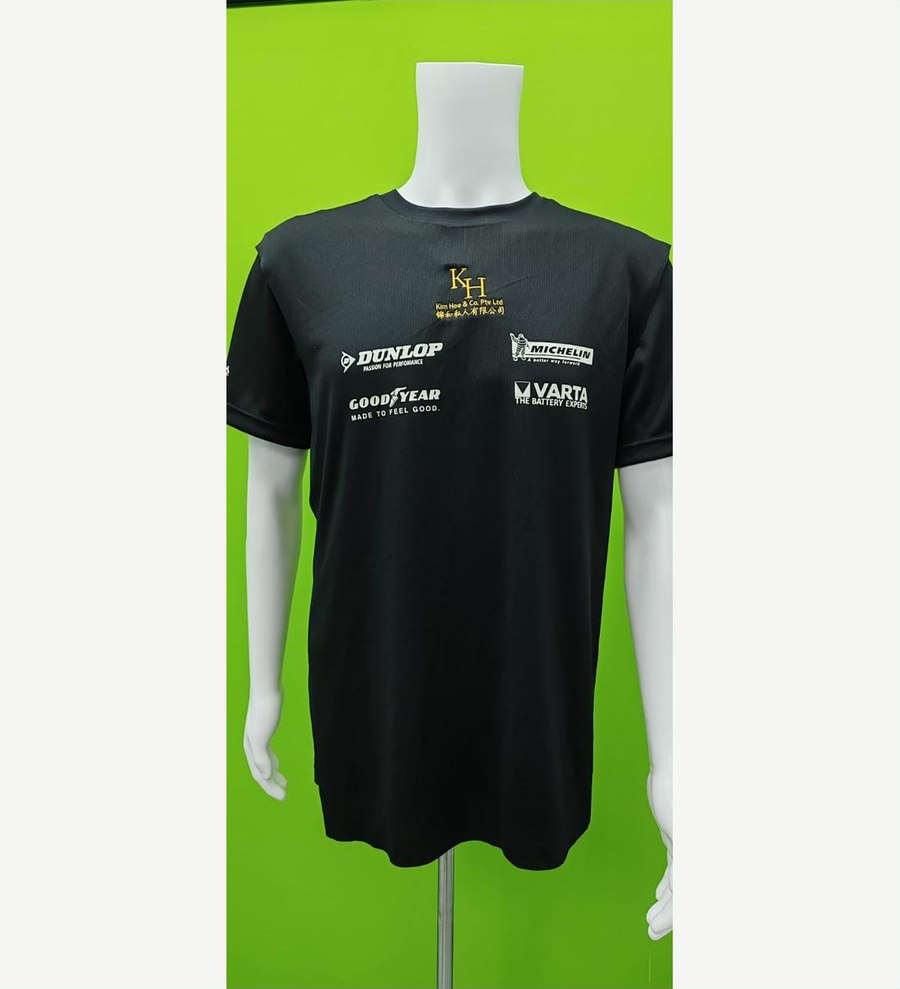 Black event t-shirt with multiple sponsor logos, screen print and embroidery