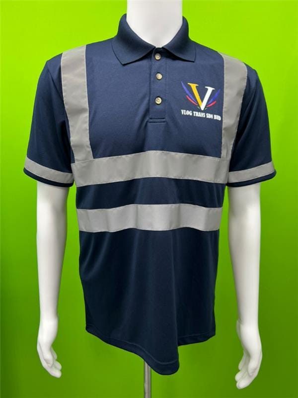 Navy hi-vis polo with reflective tape and embroidered logo