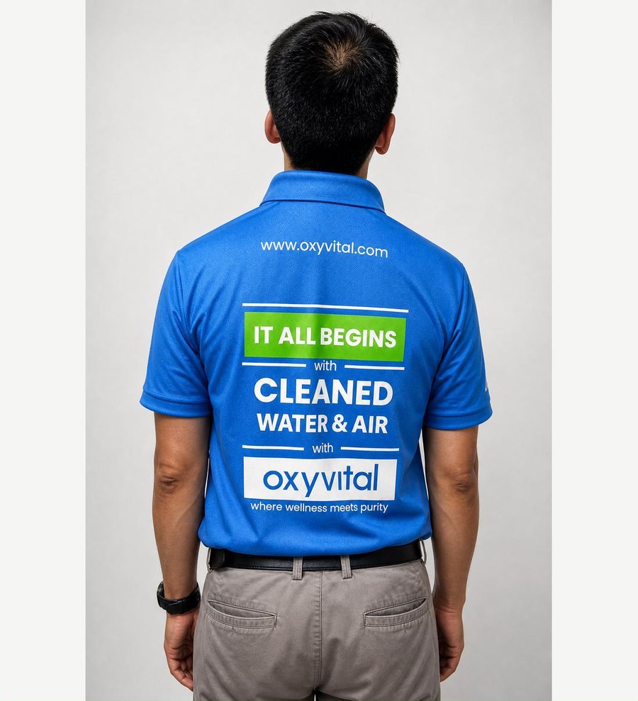 Blue wellness industry polo shirt with screen printed back design