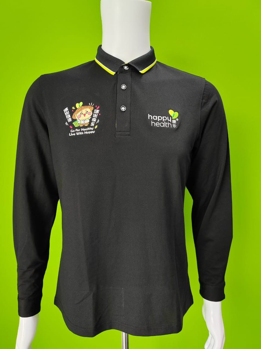 Black long sleeve polo with embroidered wellness brand logo on chest